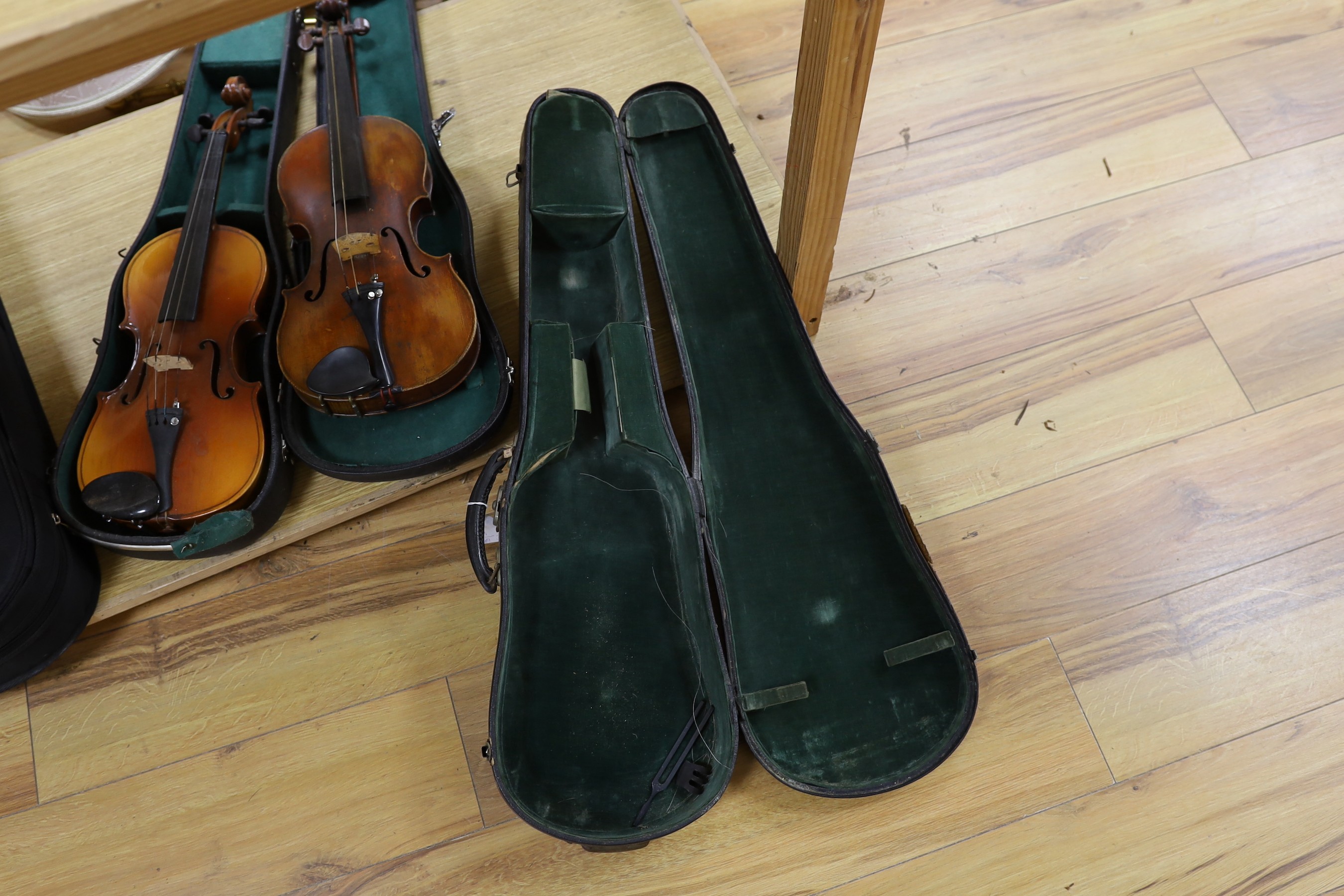 A cased early 20th century violin marked Gilks, Westminster, London and 2 modern cased Chinese violins